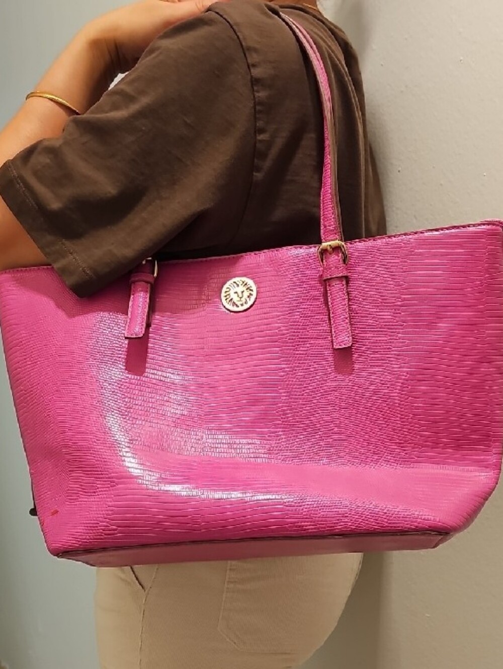 Anne Klein Taupe Tote with Pink Logo Accent